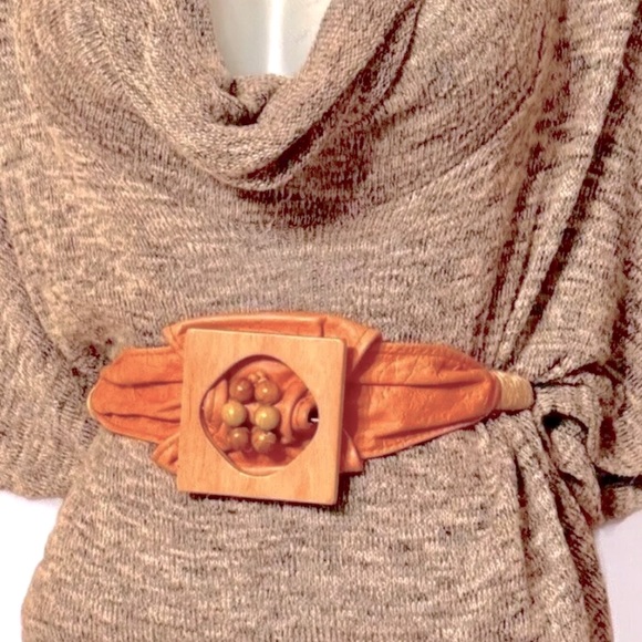 🪸RHEA🪸 LEATHER WOOD BEADS JUTE STRETCH HOOK LOOP VTG BOHO SOUTHWESTERN BELT🏜️ - Picture 1 of 11